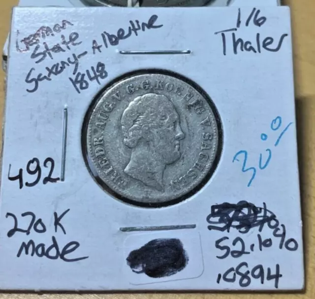 1848 German States SAXONY-ALBERTINE Silver 1/6 Thaler KM# 1161, Coin #492