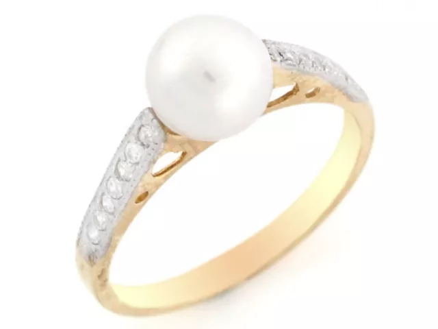 10k or 14k Two Tone Gold CZ and Freshwater Cultured Pearl Womens Ring Jewelry