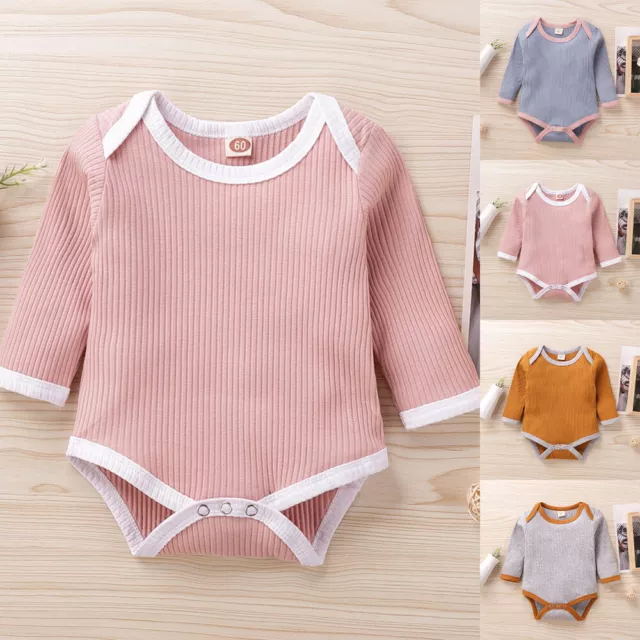 Newborn Baby Boys Girls Ribbed Long Sleeve Romper Bodysuit Jumpsuit Playsuit Set