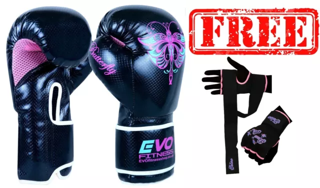 EVO Ladies Leather Pink GEL Women Boxing Gloves MMA Punch Bag Sparring 4-14Oz