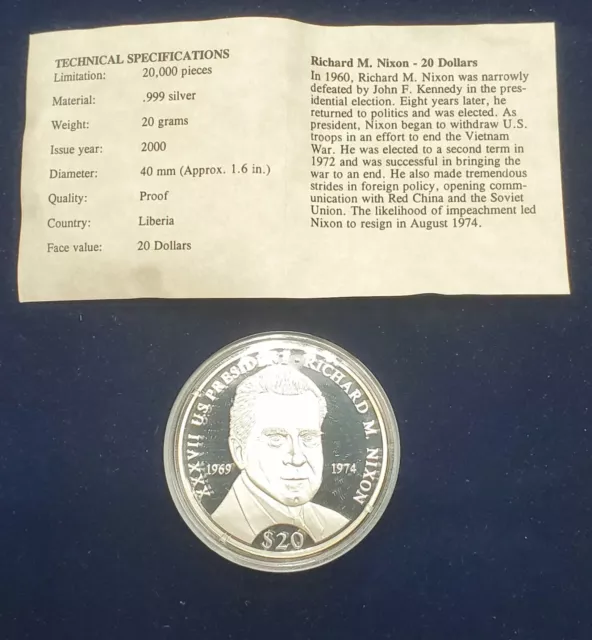 2000 Republic of Liberia US President Richard M. Nixon $20 Silver Coin