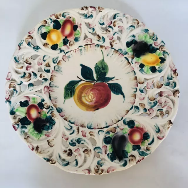 Vintage Italian Pottery Majolica Plate reticulated handpainted colorful Fruit11”