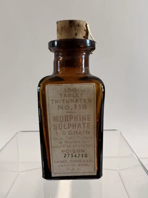 Antique Morphine Bottle with Original Label Parke Davis Poison Amber Glass RARE