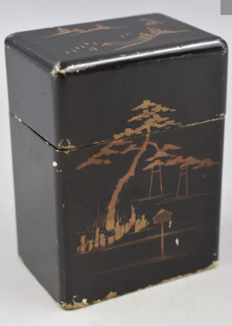 Vintage lacquered Japanese Black and Gold wooden card box. A/f  2 sets cards inc