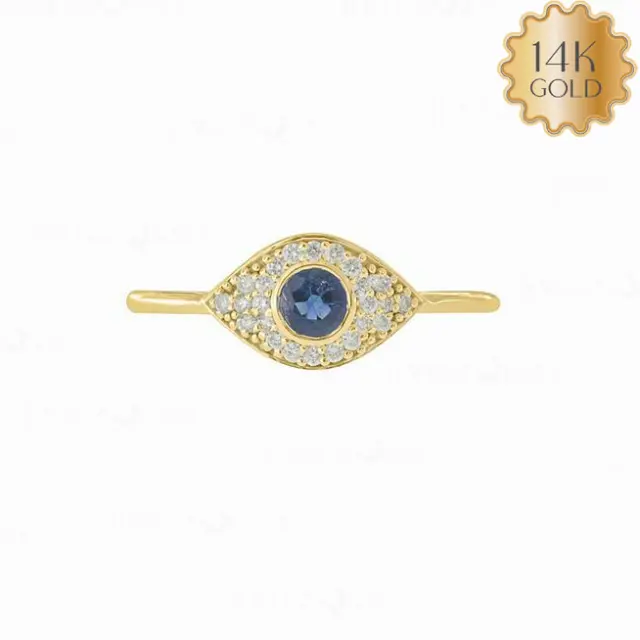 14K Gold Natural Diamond Blue Sapphire Evil Eye September Birthstone Ring