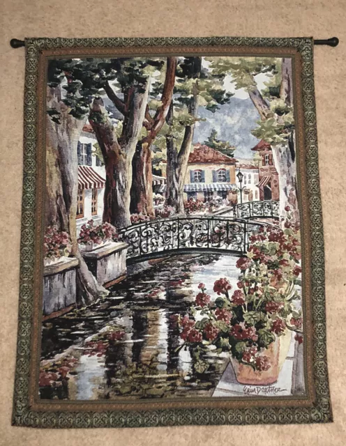 Vintage Erin Dertner Tapestry Wall Hanging-French Romantic Village Scene + Rod