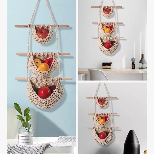 3 Tier Macrame Hanging Fruit Basket For Kitchen Boho Vegetable Storage Decor