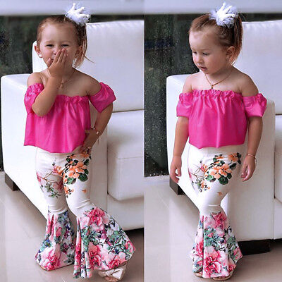 2pcs Toddler Baby Kid Girl Outfits T-shirt Top Floral Pants Clothes Set Summer