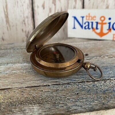 Antique Finish Brass Push Button Compass w/ Lid - Vintage Pocket Style, Nautical