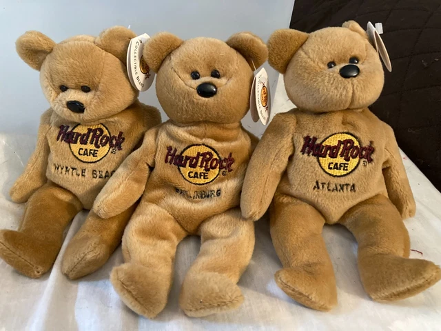 3 Hard Rock Cafe collectible bears tan beanie Atlanta Myrtle Beach Gatlinburg