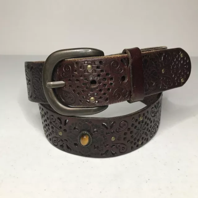 Fossil Women’s Tooled Rhinestone Genuine Leather Belt Small Burgandy