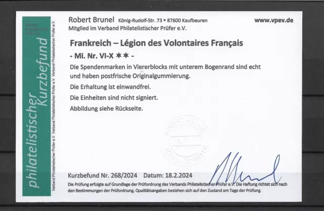 Frankreich Legion Mi VI - X  Viererblöcke postfrisch -Befund (€200.--) 2