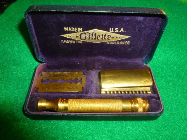 Gillette Ed. Long Comb Safety Razor Original Box 3 Piece 1920s Antique Gold Tone