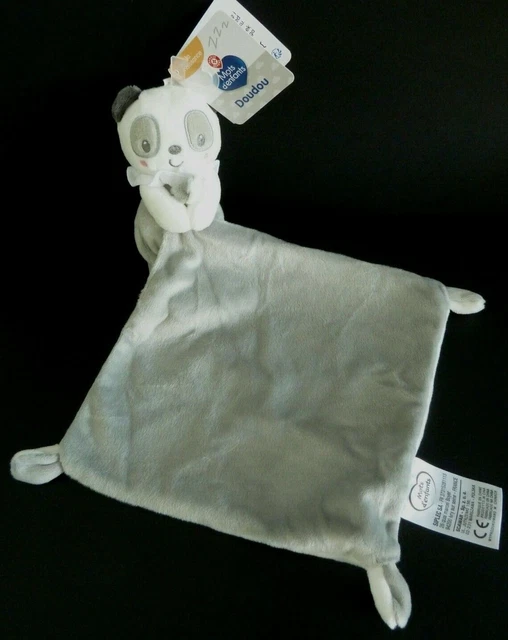Y12. Doudou Mots D'enfant Panda Ours Blanc Gris Mouchoir Plat - Neuf Etiquette