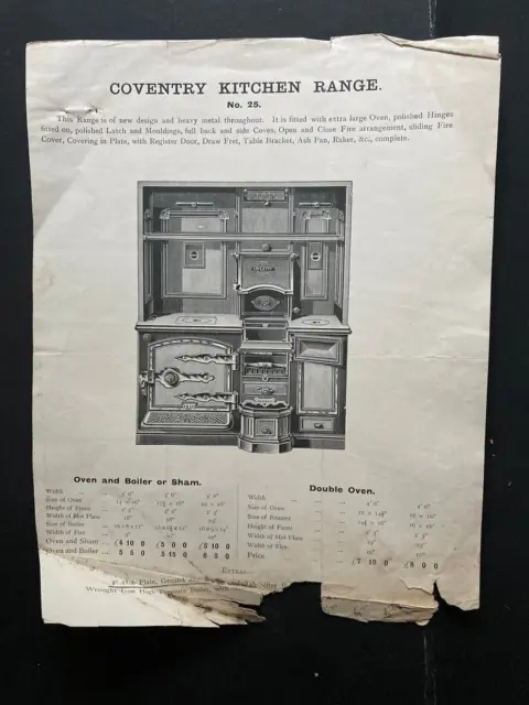 Victorian Coventry Kitchen Range oven illustrated advertising sheet