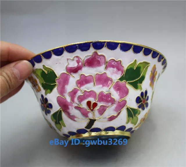 Rare Collect Chinese Cloisonne Brass Handwork Carved Peony flower Bowl 21592