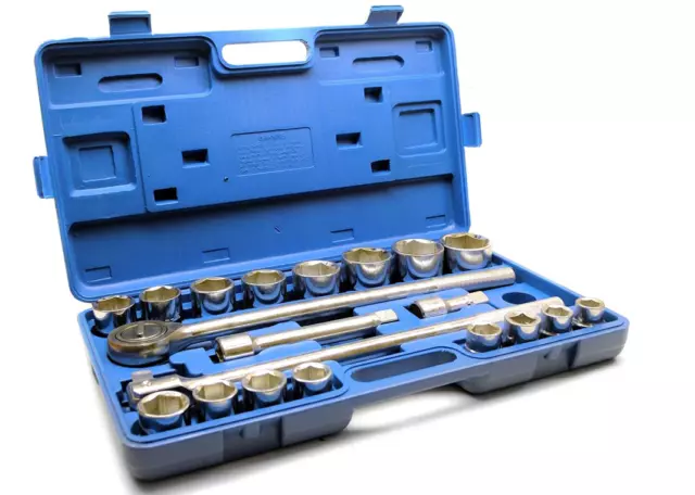 21pc 3/4dr Socket Set Extension Bars Ratchet 19mm to 50mm Sockets 6 Sided + Case