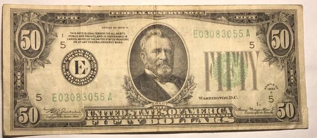 1934A green seal $50 bill. Federal Reserve Note E Richmond. F-VF.  FR-2103E  #11