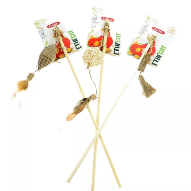 3 cannes à pêche en bambou, jouet carton, rotin et Matatabi,  pour chat