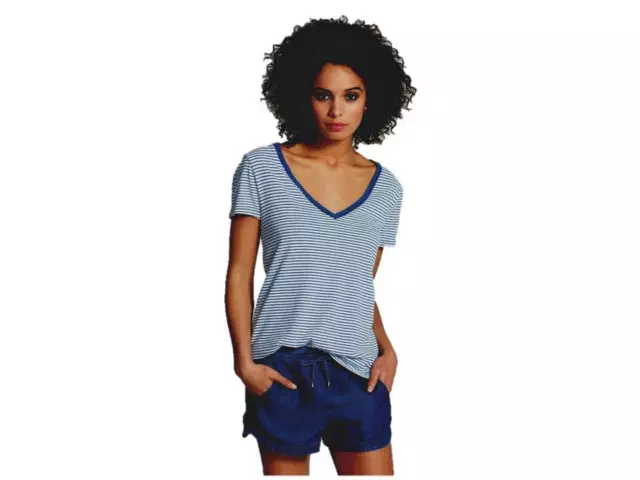 SPLENDID ST624X5MD Indigo Dye Striped V-NECK Tee Shirt Cotton TOP Blue/White (S) 2