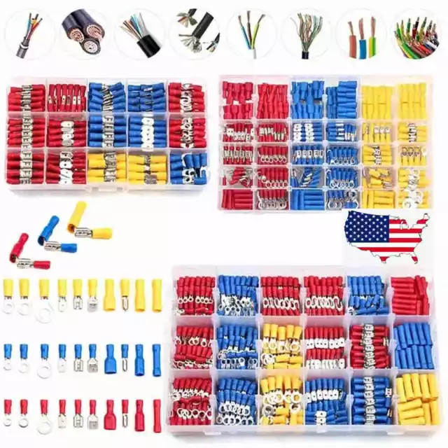 102/1200 Assorted Insulated Electrical Wire Terminals Crimp Connectors Spade Kit
