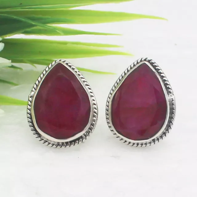 925 Argent Sterling Naturel Rubis Boucles D'Oreilles Handmade Bijoux Naissance