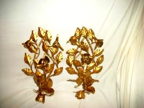Italian Tole Candle Sconces Gilt Roses Lush Leaves Italy Mid Century 2
