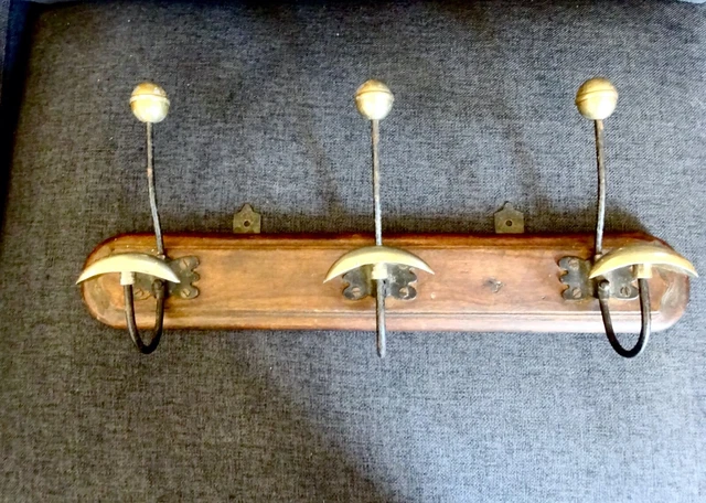Mid Century Hat Coat Rack French Hooks Wood Brass 20"