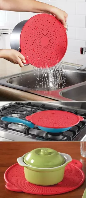 3 in 1 Kitchen Heat Resistant Silicone Strainer Dishwasher Safe 11"dia