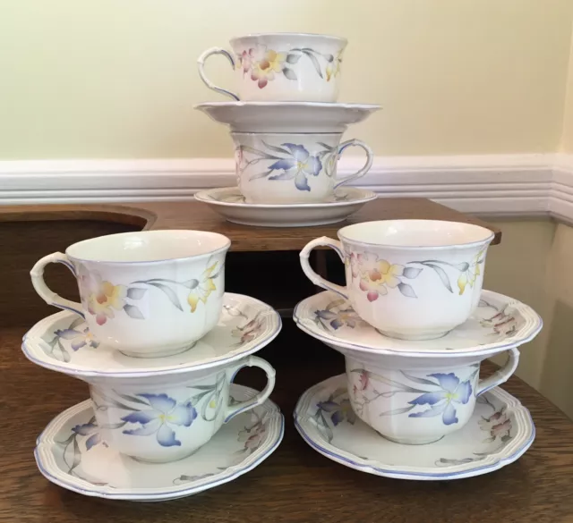 6 Sets Cups & Saucers by Villeroy & Bosch of Germany RIVIERA Blue & Pink Floral