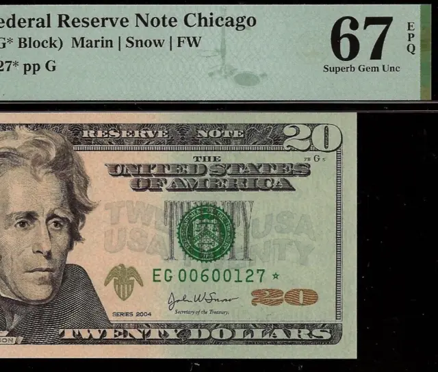 2004 $20 Federal Reserve Note Star PMG 67EPQ 3rd highest graded Chicago star