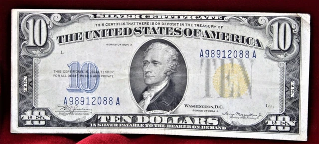 1934 Ten Dollar Gold Seal Silver Certificate! Serial#A 98912088 A! Fine++ 2