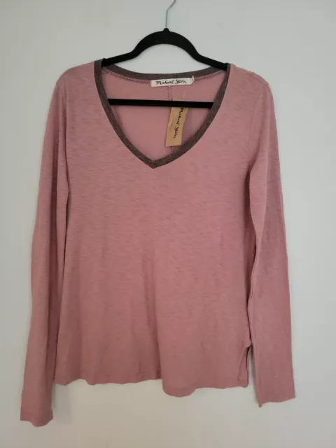 Michael Stars Womens Long Sleeve V Neck Ringer Tee Dusty Rose Pink OS NWT