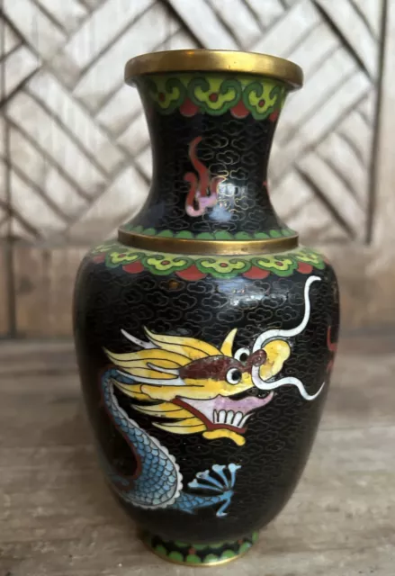 Vintage or Antique Chinese Cloisonné Double Dragon Vase 6"