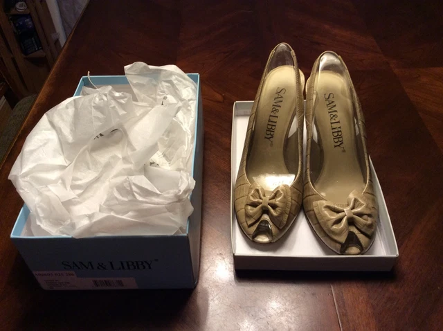 Sam And Libby Crocodile Pattern Leather Peep Toe Sling Backs Nib 9m Tan Womens
