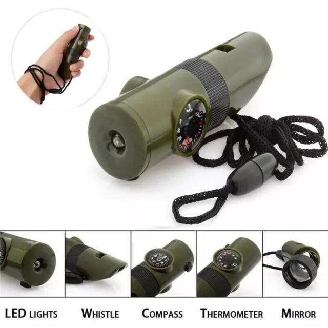 7 in 1 Outdoor Emergency Survival Whistle Compass Multifunction Tool Magnifier