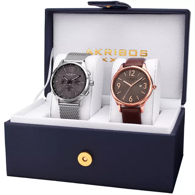 Akribos XXIV Men’s AK971GN-S Genuine Leather/Stainless Steel Mesh Watch Set