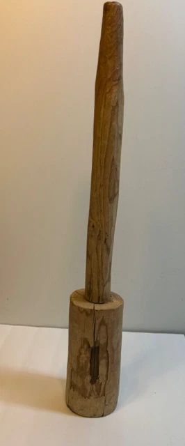 Antique Large Hand Carved Turned leg Wooden Meat Masher Mortar Butcher Wood