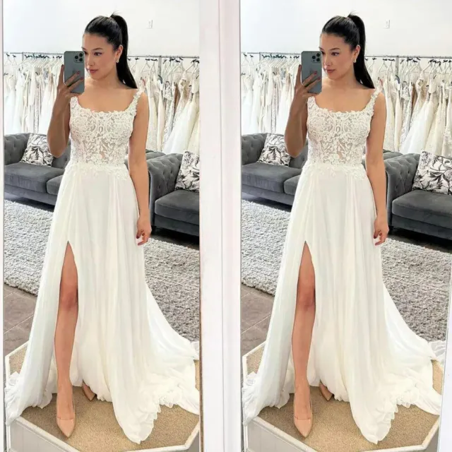 Chiffon Beach Wedding Dresses With Side Split Lace Straps A Line Bridal Gowns