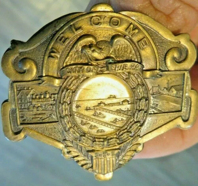 Welcome City Of Erie Pennsylvania Brass Pin River Locks Ships Locomotive Train