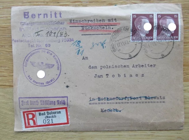 Brief - Kuvert Einschreiben an den polnischen Arbeiter 1943 / Gerichtsvollzieher