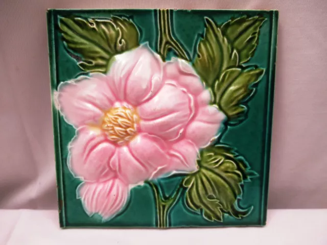 Antique Tile Art Nouveau Majolica Japan Pink Flower High Embossed Collectib 508