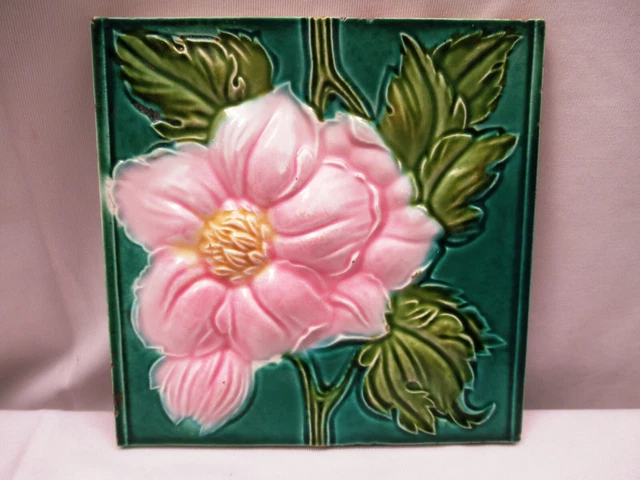 Antique Tile Art Nouveau Majolica Japan Pink Flower High Embossed Collectib *508