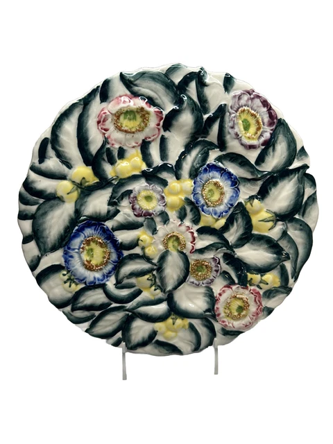 Vintage Japanese Majolica Plate 11” Yellow Blue Pink Floral Design FREE SHIPPING