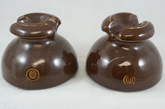 2 Vintage Dark Brown Glaze Ceramic Insulator “B” Ohio Brass Porcelain 11