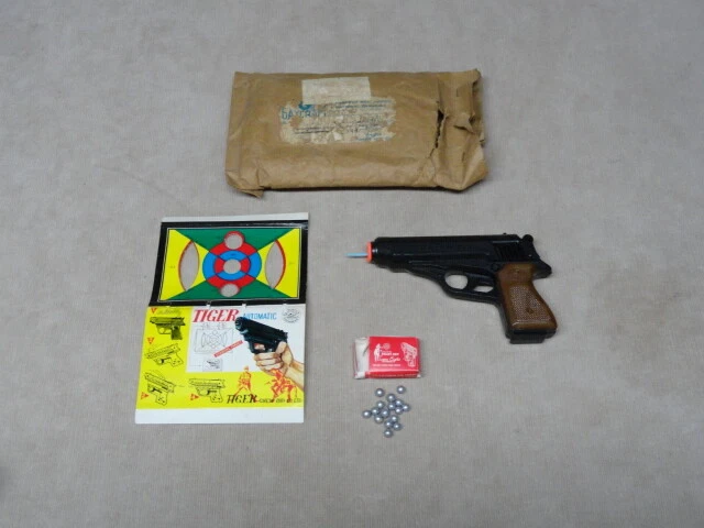 Vintage Walther Tiger Toy Pistol Kids Plastic Gun 1969 w/ Mailer Target etc.
