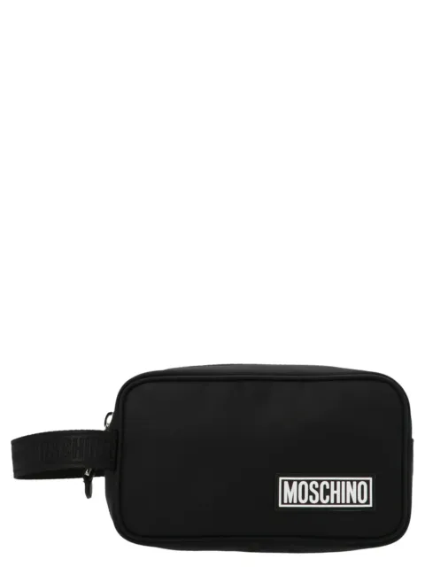 Moschino NWT Unisex Black Fabric Logo Pouch Toiletry Bag Kit Satchel Retail $295