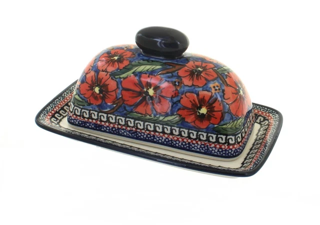 Blue Rose Polish Pottery Jungle Flower Butter Dish