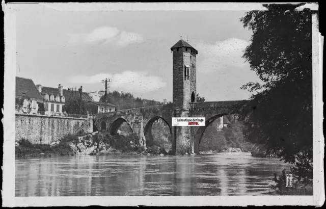 Platte Gläser Foto Antike, Negativ Schwarz & Weiß 9x14 CM, Orthez, Brücke Altes