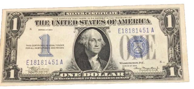 1934 one dollar silver certificate Blue Seal Funny Back